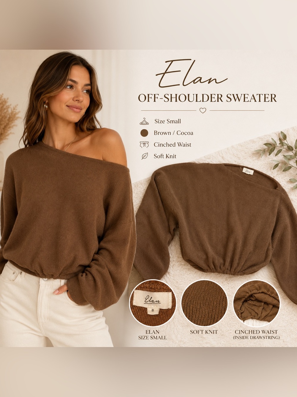 Elan Brown Off-Shoulder Cinched Waist Sweater Size Small